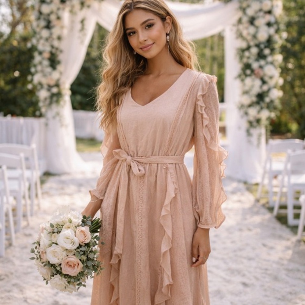 By The River‎ Peach Eyelet Ruffle Midi Dress V-Neck Long Sleeve Boho Large